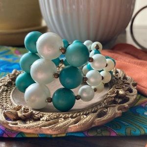 Groovy Teal and Silver Grey Wire Wrap Bracelet with Bronze Beaded Accents